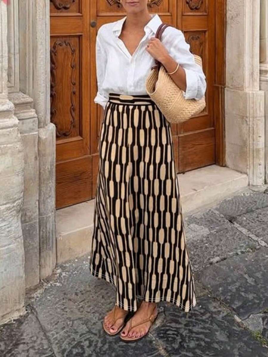 [2026 Valentine's Day Limited] Spring & Summer Geometric Jacquard Minimalist Long Dress, Soft Minimalism Relaxed Fit High Waist A-Line Silhouette, Suitable For Commuting, Dating, City Walk - Khaki - View 1