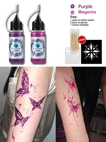 2瓶果汁纹身墨水，人体彩绘墨水，皮肤绘画墨水，可持续7-10天，兼容纹身模板，男女通用，半永久防水假纹身