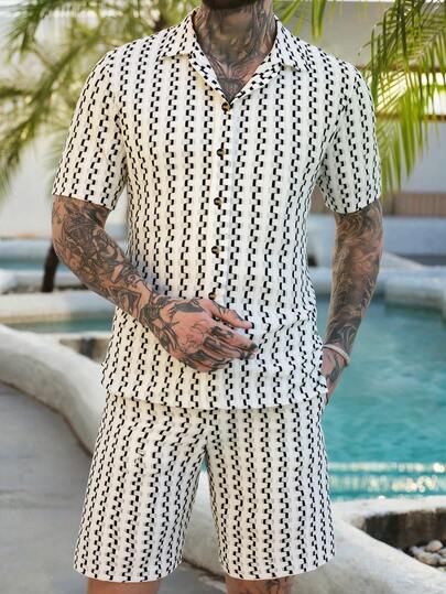 2 piezas Conjunto casual de camisa abotonada recta y pantalones cortos para hombres, adecuado para vacaciones, playa, uso diario casual, verano