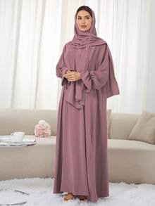1pc Soft Dress With Attached Hijab, Floral Sleeve Design, Classic Versatile Abaya Spring - Multicolor - View 40