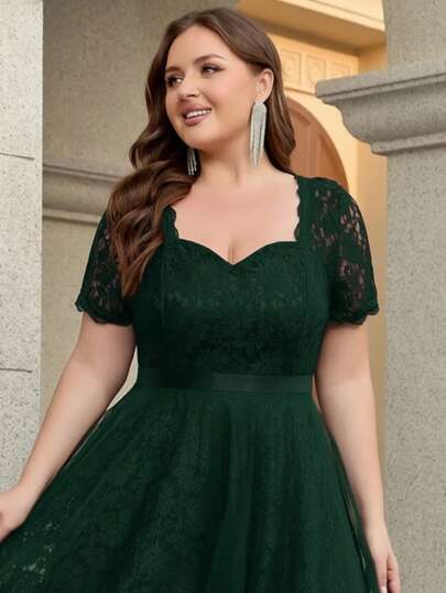 Women Plus Size Elegant Solid Color Elegant Romantic Mature Party Lace Applique Ruffle Collar Short Sleeve Cocktail Midi Party Dress For Bridesmaid Wedding Guest Maid Of Honor St Patrick Day Evening Semi Formal Graduation Dresses, Formal Evening Party Wedding Guest Cocktail Prom Spring Summer Autumn