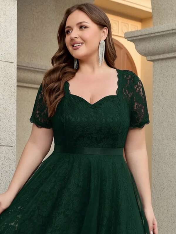 Women Plus Size Elegant Solid Color Elegant Romantic Mature Party Lace Applique Ruffle Collar Short Sleeve Cocktail Midi Party Dress For Bridesmaid Wedding Guest Maid Of Honor St Patrick Day Evening Semi Formal Graduation Dresses, Formal Evening Party Wedding Guest Cocktail Prom Spring Summer Autumn