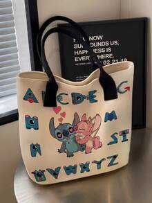 史迪奇帆布包，可爱卡通印花多功能方形3D帆布手提袋，大容量化妆包，可装口红、化妆刷、护肤品、手机、硬币、小物件，居家、送礼、节日、万圣节、圣诞节等场合适用，用途广泛 - 彩色 - 查看 6