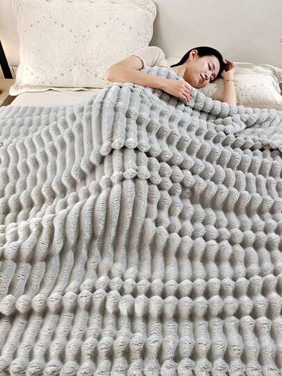1pc Solid Color Thickened Jacquard Flannel Double-Sided Striped Blanket Shawl, Suitable For Bedroom, Sofa, Outdoor Travel, Extremely Soft, Can Be Given As Gift To Relatives And Friends, Applicable For All Seasons