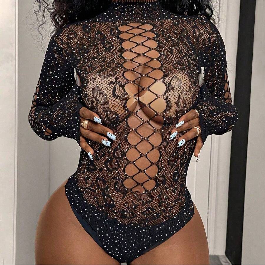 1件性感花卉蕾丝连体紧身睡衣内衣 - 黑色 - 查看 1