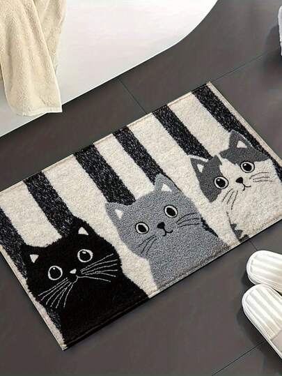 1 tấm thảm tắm bằng len in hình mèo dễ thương - Mềm mại, thấm hút tốt, thiết kế sọc đen, xám và trắng với họa tiết mèo đáng yêu, thích hợp cho phòng tắm, nhà bếp, phòng ngủ.