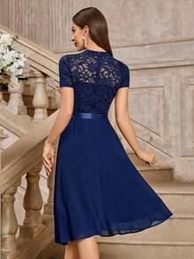 MIUSOL Floral Lace High Neck Side Ruffle Chiffon Cocktail Party Swing Dress Summer - Navy Blue - View 3