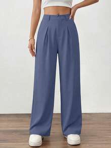 Women's Casual High Waist Wide Leg Straight Trousers Buttom Loose Solid Spring Fall Business Work Office Pants With Pocket - 灰藍色 - 查看 5