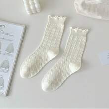 1/3 pares de calcetines de media pantorrilla con dobladillo con volantes de unicolor estampados para mujeres, de moda, suaves y cómodos, adecuados para la temporada de regreso a la escuela y todo el año, surtido de colores aleatorios - Multicolor - Ver 25