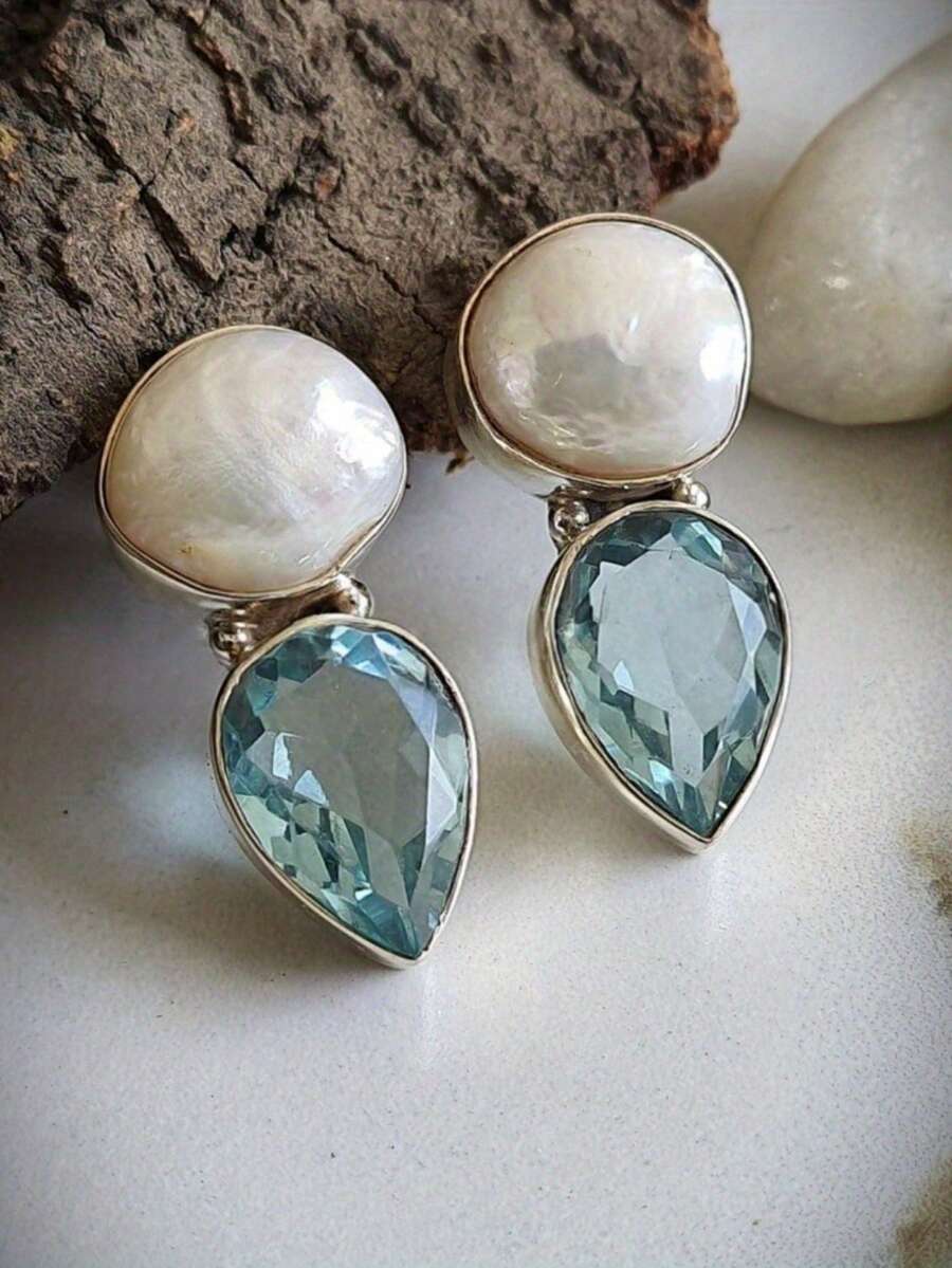 1 Đôi bông tai nữ thanh lịch hình giọt nước, đính pha lê giả màu trắng và đá pha lê xanh nhạt, kiểu dáng tối giản tinh tế, thích hợp để đeo hàng ngày, sinh nhật, kỷ niệm, Giáng sinh và các dịp khác, bông tai chất lượng cao, tinh xảo, độc đáo, bông tai nữ. - Màu xanh lam - Xem 1