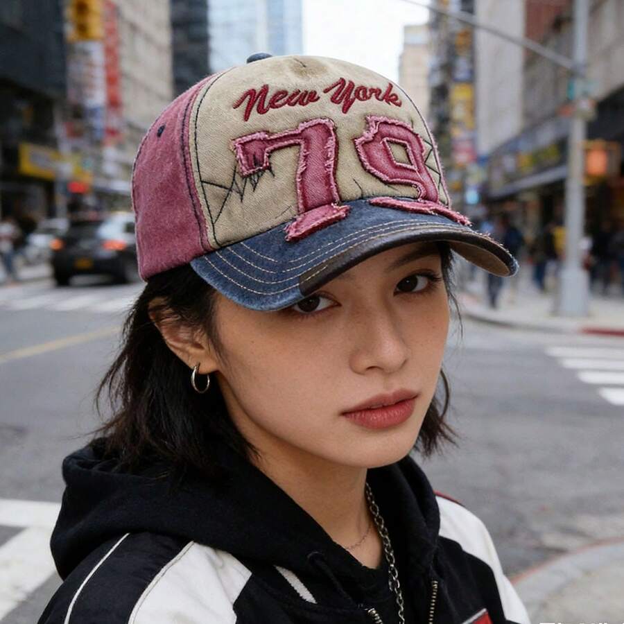 A Women's 79 New York Baseball Hat - Adjustable Quick Buckle Design, Breathable And Durable Fabric, Embroidered "79" Pattern, Suitable For Outdoor Activities, Casual Headwear | Sports Style Baseball Hat | Adjustable Hat - 黑色 - 查看 1