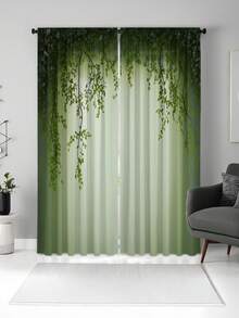 2pcs Fresh Green Vine Leaf Semi-Sheer Curtains, Polyester Material, Hand Washable And Machine Washable. No-Drill Rod Pocket Hanging Style. Spring Style, Suitable For Bedroom, Living Room And Kitchen, Perfect For Home Decor And Room Divider. - Multicolor - View 10