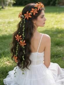 1件波西米亚风花冠发箍，公主风花朵发圈，适合女性、花童、伴娘、婚礼、派对、头饰、皇冠 - 彩色 - 查看 2