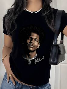 Retrato artístico con brillo metálico que simboliza la fuerza interior y la confianza en uno mismo camiseta de mujer moderna de 220g casual cómoda de manga corta - Negro - Ver 8