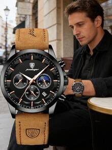 POEDAGAR 1 chiếc đồng hồ thể thao nam thời trang chống nước, phát sáng, máy quartz, dây da PU màu nâu, đồng hồ đeo tay nam cổ điển sang trọng có chức năng hiển thị ngày, phù hợp cho cả công việc và thường ngày, quà tặng cho nam giới. - màu nâu - Xem 2