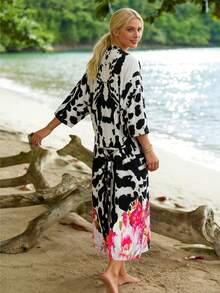 1pc Women's Cow Print Color Block Floral Trim Long Cover Up, Loose Fit Vacation Style Lightweight Kimono Swimsuit Cover Up Beach Summer - Multicolor - View 3