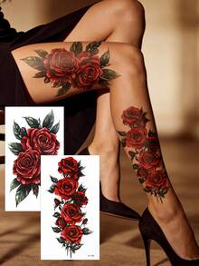 1pc Waterproof Long-Lasting Rose Flower Temporary Tattoo Sleeve, Suitable For Women's Party, Festival, Wedding, Casual Wear, Sweat-Resistant - Multicolor - View 5