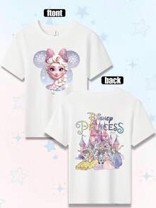 Disney Elsa With Snowflakes Double-Sided Printed Pattern T-Shirts For Girls - Children's Clothing Design Short-Sleeved Casual And Cute Style Comfortable And Casual Wear All Year Round Suitable For Parties And Play Machine Washable Gift Children's Clothing Girls' Short-Sleeved Shirts - 白色 - 查看 2