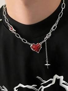 1pc Hip-Hop Red Heart Pendant Necklace, Men's Christmas, New Year, Valentine's Day Holiday Gift - Silver - View 4