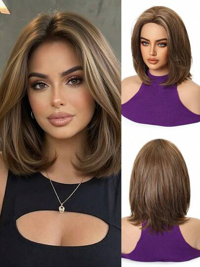 Omber Gradient Brown Wigs Short Straight Layered Bob Wig Medium Part Wig Heat-Resistant Synthetic Wig For Women Daily Suitable For Fashionable Women 12icnh