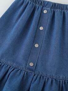 Tween Girls' Casual Vacation Street Fashion Sweet Loose Waist Vintage Washed Blue Denim A-Line Skirt, New Arrival - Medium Wash - View 5
