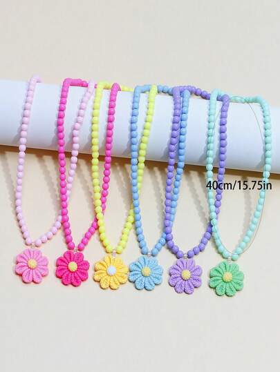 1pc Girls' Sweet Floral Beaded Pendant Necklace, Suitable For Girls' Daily Wear, Holiday Party Accessories