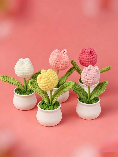 Handmade Crochet Tulip Miniature Desktop Potted Plant, Realistic Artificial Tulip Potted Plant, Mother's Day Gift, Home, Office, Desktop, Wedding, Birthday, Holiday, Christmas, New Year Gift, Home Decor, Back To School Decor, School Supplies, Vibrant Home And Party Decor, Wedding Floral, Wedding Supplies, Soft