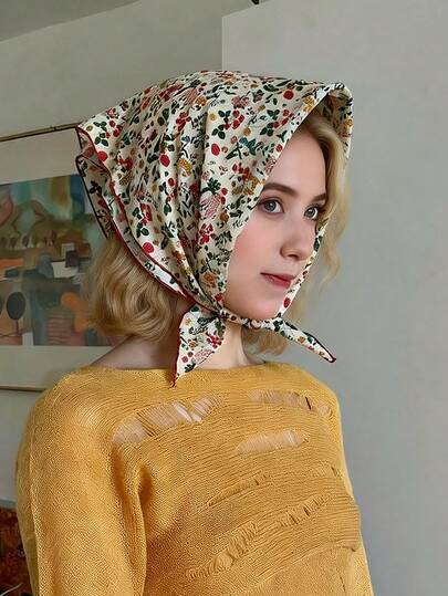 女士真丝方巾，小方巾款式，亚麻材质，清新花卉图案，复古装饰，可作头巾、发带或发箍使用，是提升整体造型的理想之选。