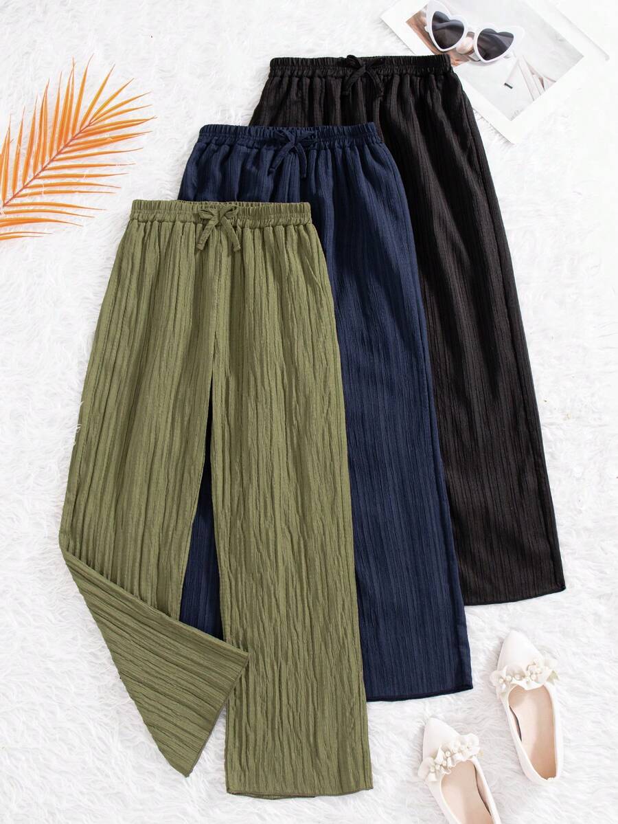 3pcs/Set Girls' Casual Solid Color Pants With Bow Decor Elastic Waistband, Suitable For Spring & Autumn - Army Green - View 1