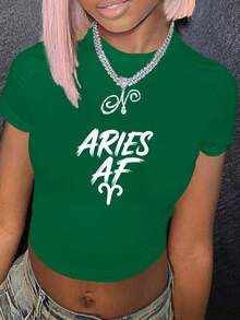 Aries OF Typography Women's Fashion Short Sleeve T-Shirt,Y2K Top Crop,Camisetas De Fiesta,Back To School,Vintage,Street Wear, Rock, Holiday, Vacation, Festival, Summer Tops - 綠色 - 查看 3