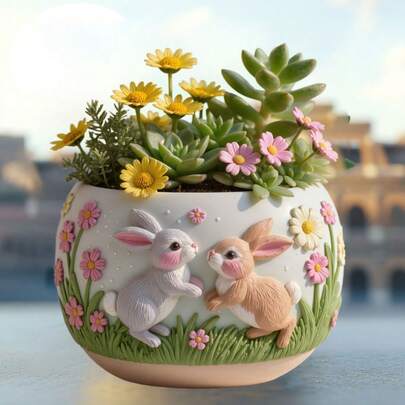 1pc Flower Cluster Rabbit Succulent Plant Pot Silicone Mold Fantasy Grass Field Rabbit Flying Relief Resin Plaster Flower Pot Mold Rabbit Play Relief Cement Concrete Flower Pot Mold Fantasy Beauty Relief Crafts Mold Easter Decoration Gift