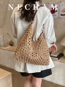 1 pezzo Borsa a spalla casual e minimalista di colore unito, grande capacità, stile versatile per le vacanze per le donne - Cachi - Visualizzare 8