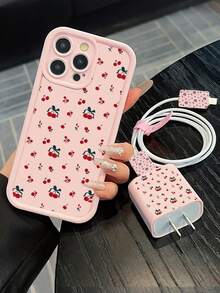 Cute Pink Cherry Pattern 15/14/13 Phone Case And Charger Set - Sweet Fruit Pattern Protective Case With Data Cable And Charger Head, Fashionable Gift For Girls - Pink - View 1