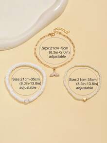 3 pièces/set Bracelet de cheville en perles de mode, forme de cœur minimaliste avec faux perles, décor de queue de sirène blanche, convient pour le port quotidien et les vacances à la plage - Multicolore - Voir 4