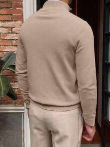 Men's Solid Color Long Sleeve Zip-Up Stand Collar Sweater, Versatile & Commuter-Friendly, Autumn/Winter - Camel - View 2