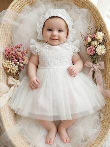 Vestido de bautizo blanco de encaje y tul para niñas de 0 a 2 años con sombrero - Blanco - Ver 2