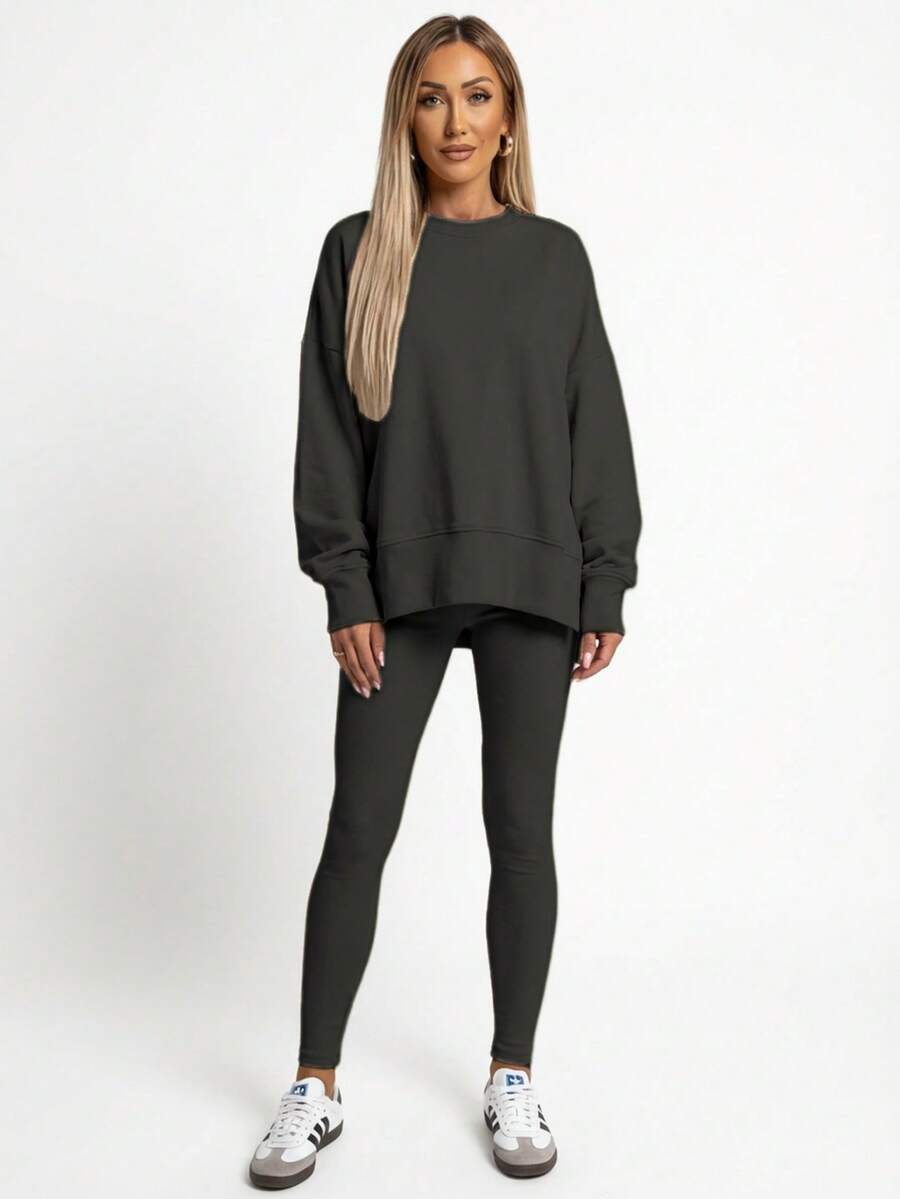 Women's 2 Piece Loungewear Set - Soft Ribbed Oversized Sweatshirt & High Waist Leggings-Ultra Soft Pajama Set For Women  - Casual Tracksuit For Airport Outfit & Lounging-Cozy Matching Outfit For Travel Yoga Home - 黑色 - 查看 1