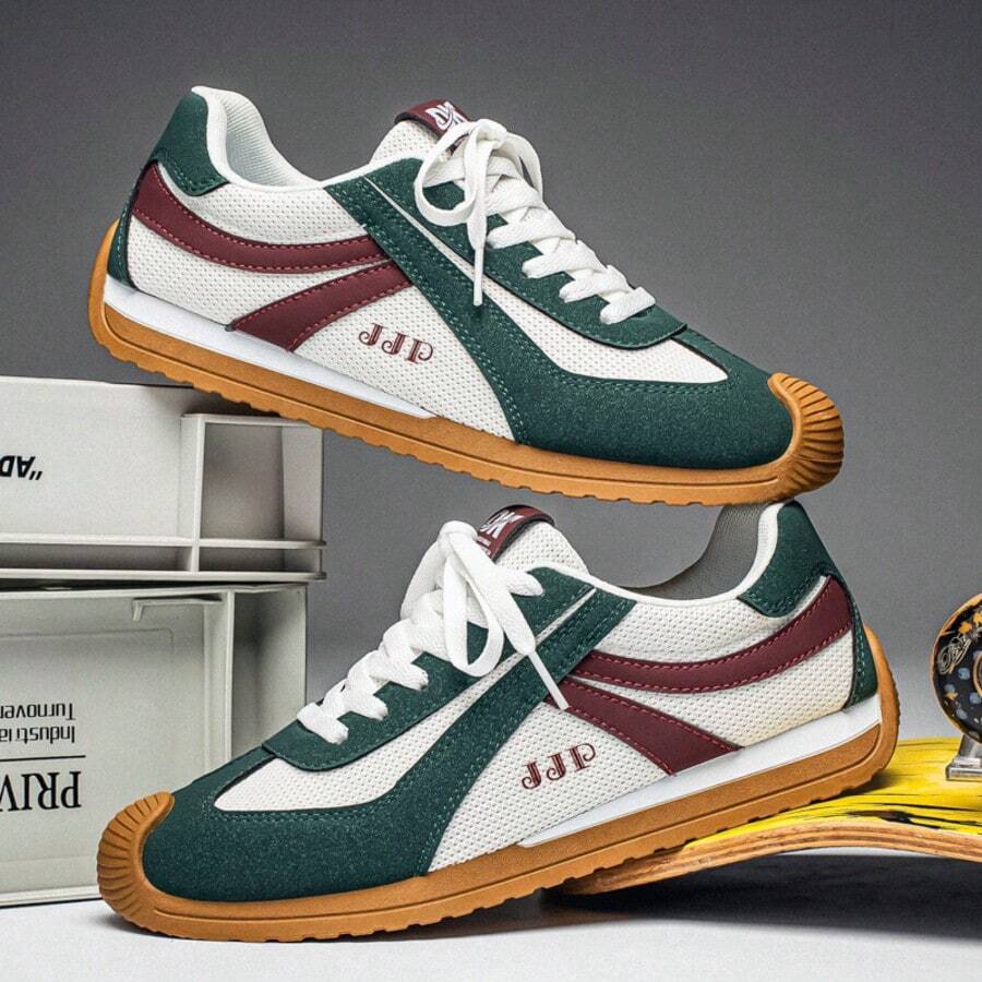 男士复古薄底休闲运动鞋，时尚百搭厚底学生鞋 - 白綠 - 查看 1