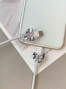 2pcs Rhinestone Bowknot Data Cable Protector, Compatible With Apple & Android, Girly Style - Multicolor - View 1