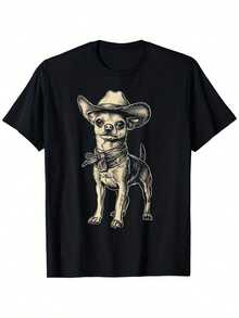 Camiseta Divertida de Chihuahua con Sombrero de Vaquero para Mamá y Papá de Perro, Camiseta de Algodón a la Moda de Manga Corta, Estilo Urbano, Cómoda y Adecuada para Hombre, Camiseta con Cuello Redondo, Súper Suave, Transpirable, Absorbente de Humedad, Regalo para Hombre - Negro - Ver 1