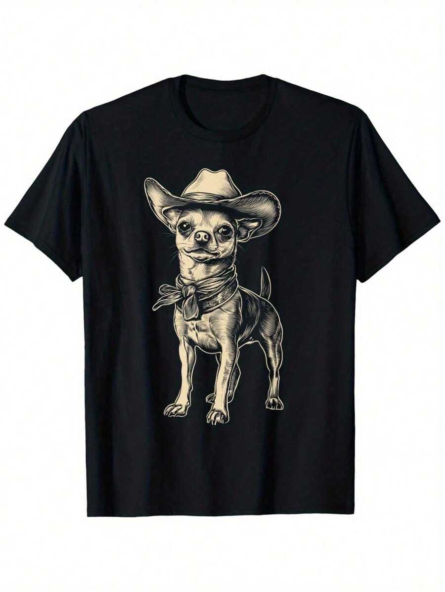 Camiseta Divertida de Chihuahua con Sombrero de Vaquero para Mamá y Papá de Perro, Camiseta de Algodón a la Moda de Manga Corta, Estilo Urbano, Cómoda y Adecuada para Hombre, Camiseta con Cuello Redondo, Súper Suave, Transpirable, Absorbente de Humedad, Regalo para Hombre - Negro - Ver 1