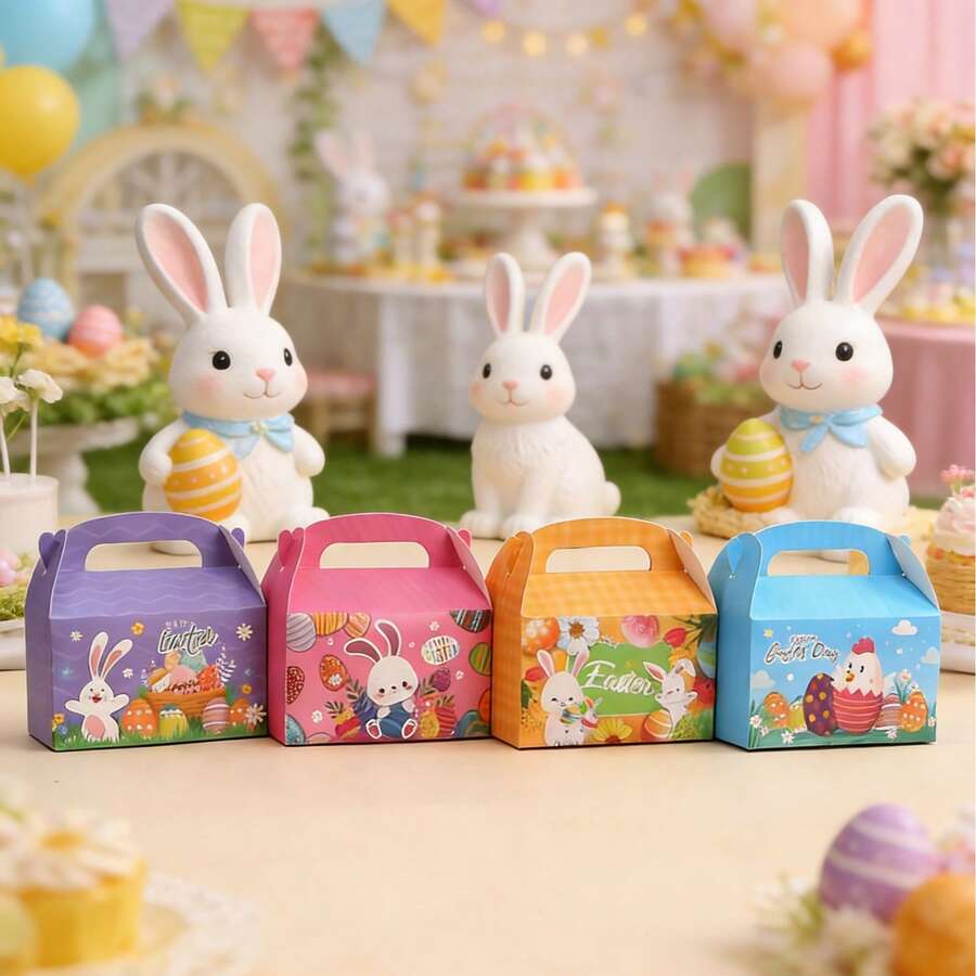 4pcs Easter Themed Gift Packaging Boxes, White Cardboard Cartoon Rabbit & Easter Egg Party Favor Handled Boxes - Style 1 - View 1