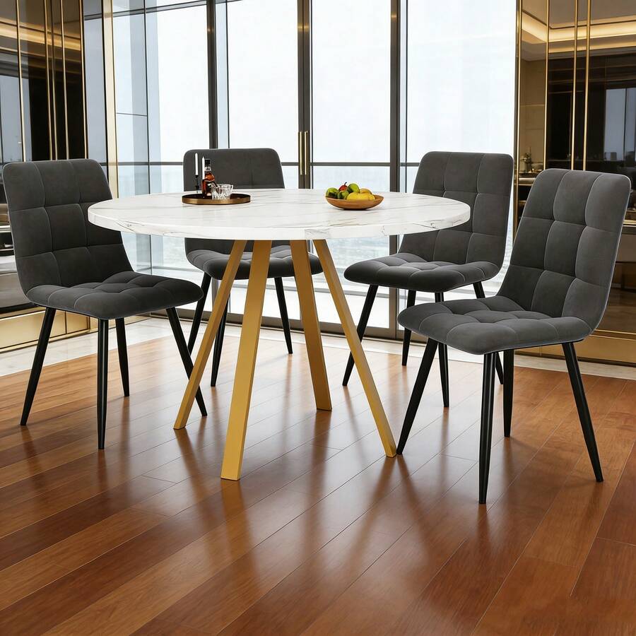 Matbord och stolsset - Vitt + Guld + MDF + Metall + Sammet + Plats för 4 - Visa 1