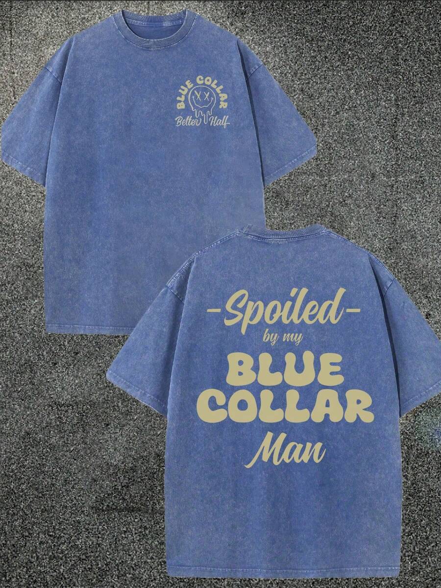Men's Spoiled By My Blue Collar Man Graphic Water-Washed T-Shirt, Cotton Retro Street Style, Unisex, Gifts For Friends And Family, Water-Washed Graphic Round Neck Printed Short Sleeved T-Shirts, Cotton Retro Street Style Tees, Gifts For Friends And Family, Unisex - Xanh đậm - Xem 1