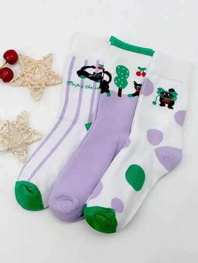 3pairs Contrast-Color Cotton Socks, Antibacterial, Sweat-Absorbing And Odor-Proof For Autumn And Winter. Sports Mid-Calf And Long-Calf Socks For Spring And Summer, Suitable For Both Men And Women.