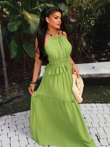 AIJ Amarilo 女士性感度假无袖荷叶边露背系带短款上衣和多层荷叶边长裙套装 - 豆綠色 - 查看 6