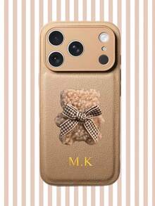 Personalized Litchi Pattern Embroidered Puppy Faux Leather Phone Case, 3D DIY Engraved Letters Initials Name Soft Leather Cover Compatible With 17 16 15 14 13 12 11 Pro Max, Full Camera Protection Anti-Drop Case, Couple Phone Case - Multicolor - View 11