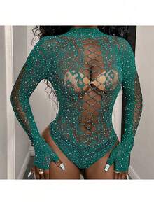1 pieza Bodystocking de encaje floral sexy, ropa interior para dormir - Verde - Ver 2