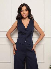 Tailored Suit Set: Vest With Dress Pants, Fashionable. - Navy Blue - View 3