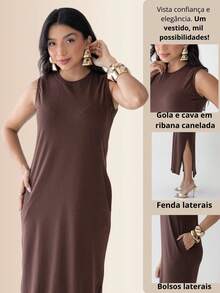 Women's Basic Casual Elegant Long Dress With Side Slit And Pockets, Cotton - 鏽棕色 - 查看 5